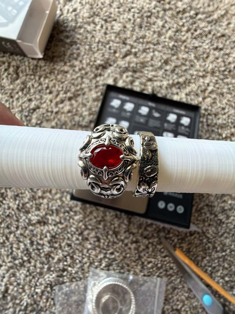 Set of 2 S925 Sterling Silver Adjustable Rings with Red Stone and cherry blossom